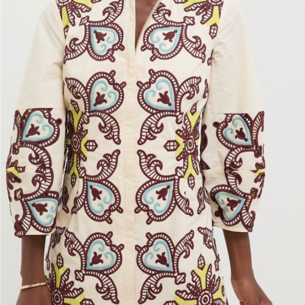Tuckernuck Cream Tunic with Brown, Teal & Yellow Embroidery